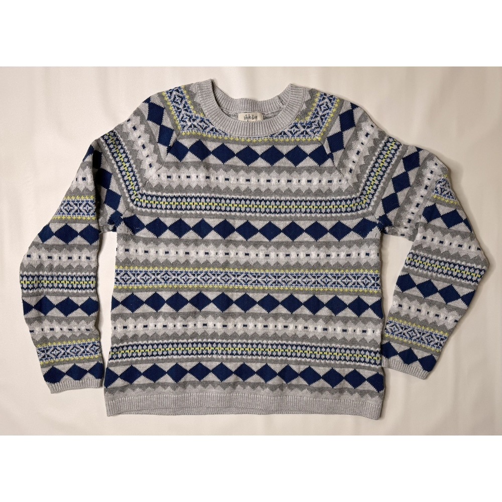Style & Co Women's Large Fair Isle Sweater Gray Blue Yellow Geometric Knit
